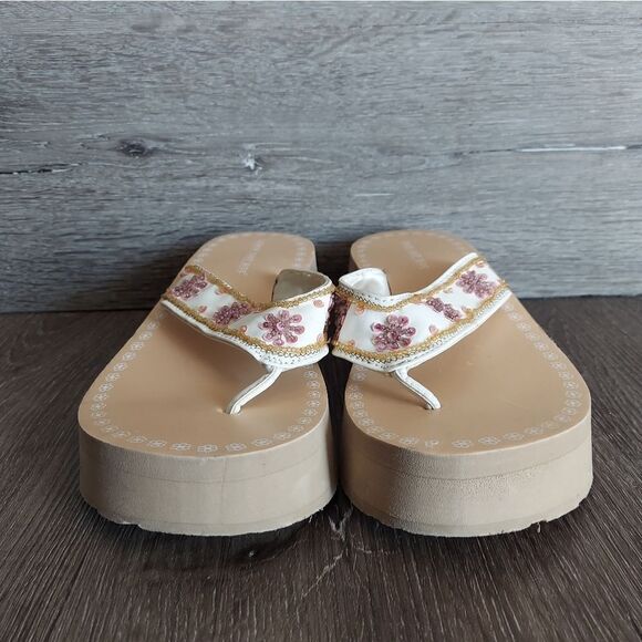 Lower East Side Vintage 90s Tan Floral Beaded Platform Sandal 7.5 - Picture 2 of 10